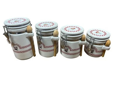 Set Of 4 Ceramic Kitchen Canisters With Chef Design & Wooden Spoons - Image 1 of 4