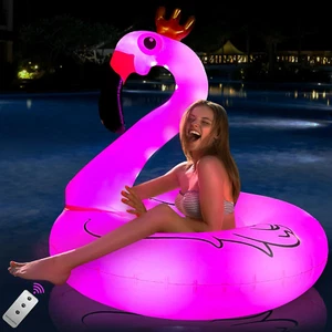 42" Aufblasbare Flamingo Pool Schwimmlichter Solarbetrieben Flamingo Schwimmschlauch Ringe - Bild 1 von 12