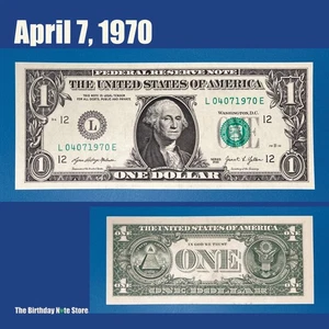April 7, 1970 Birthday Anniversary $1 One Dollar Bill Serial Number 04071970 - Picture 1 of 2