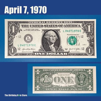 April 7, 1970 Birthday Anniversary $1 One Dollar Bill Serial Number 04071970 - Image 1 of 2