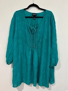 Maggie Barnes 4X 30/32 Plus Teal Green Tie Beaded Pleated Semi Sheer Tunic Top - Picture 1 of 6
