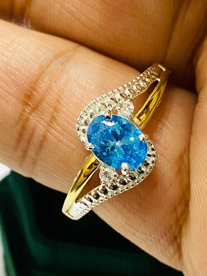Anillo de plata 925 oro 10K aguamarina natural piedra de nacimiento de marzo en plata de ley Foto 1 de 4