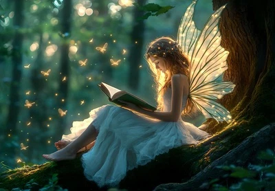 Art Wall Home Decor Fairy Butterfly Forest Landscape Painting Printed on Canvas - Image 1 of 4