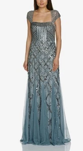 Vestido Adrianna Papell 14 Pizarra Cuentas Lentejuelas Manga Gorra Madre de Novia Novio - Imagen 1 de 20
