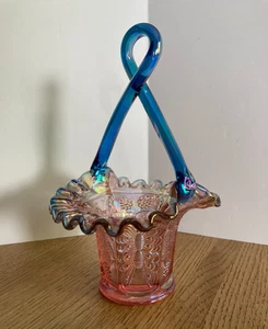 Fenton Glass Iridescent 8" Twisted Loop Handle Ruffle Rim Butterfly Berry Basket - Picture 1 of 24