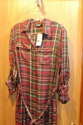 Lauren Ralph Lauren Womens Red Plaid Belted Pockets Shirt Dress Size 8 NEW $135 - Image 1 of 4