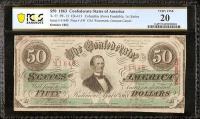 1863 $50 BILL CONFEDERATE STATES CIVIL WAR NOTE CSA PAPER MONEY T-57 PF-12 PCGS - Image 1 of 2