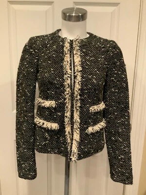 Черно-белая твидовая куртка Nanette Lepore с отделкой бахромой, размер 0 (США) - Изображение 1 из 4