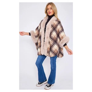 Taupe Faux Fur Front Opening Check Cape - Picture 1 of 14