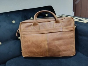 HANDMADE IN ITALY DESIGNER TAN LEATHER BRIEFCASE LAPTOP SATCHEL BAG MESSENGER - Picture 1 of 16