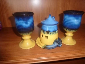 Greek Tea Light Holder & 2 Goblets Matching Blue/Yellow Glazed (Only Displayed) - Picture 1 of 2