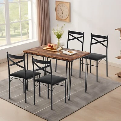3/5 Piece Dining Table Set Chairs Wood Top Home Kitchen Breakfast Metal Table - Image 1 of 4