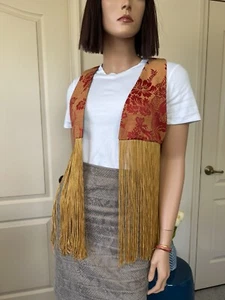 Else Anita Boho Hippie Chic Brocarde Open Cardigan with Fringes - Orange Size S - Picture 1 of 3