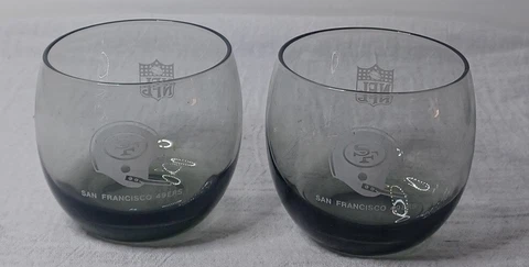 2 Vintage 1970's NFL San Francisco 49ERS Glasses Low Ball Smoked Rocks Glass Cover