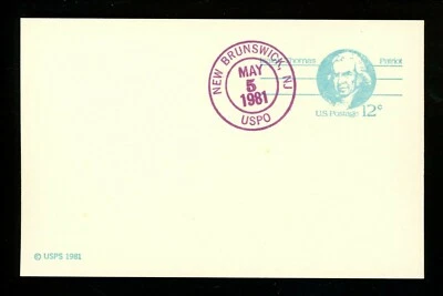 US FDC #UX89 None 1981 New Brunswick NJ Isaiah Thomas Patriot Card Unofficial - Image 1 of 2