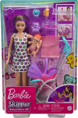 BARBIE Skipper Babysitters Inc 娃娃玩具套装带婴儿推车 5 个配件新品  — 第 1/4 张图片