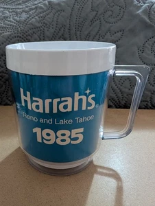 Harrah's Reno & Lake Tahoe Blue & White Insulated Coffee Mug 1985 Vintage Bus  - Picture 1 of 4