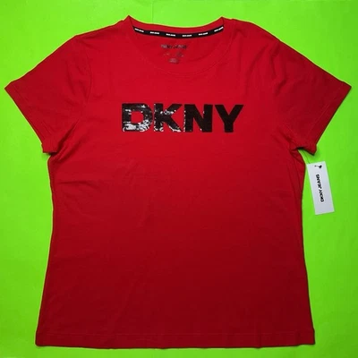 Camiseta DKNY Mujer Manga Corta GRANDE Roja con Negro NUEVA Foto 1 de 4