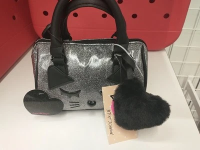 BETSEY JOHNSON Mini Kitty Barrel Bag NWT Crossbody Silver,Blk Fluffy Heart  - Image 1 of 4