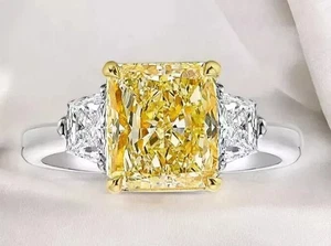 2.50CT Radiant Cut 14k Gold Lab Grown Fancy Vivid Yellow Diamond Wedding Ring - Picture 1 of 13