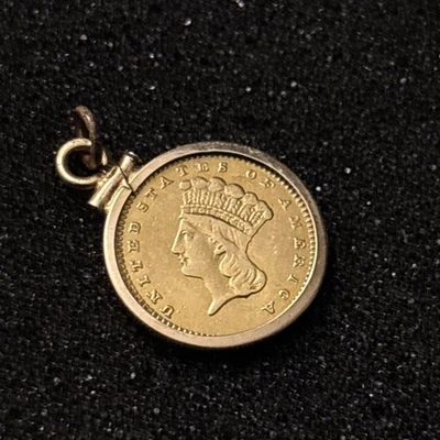 Type 3 Gold Indian Princess One Dollar G$1 Coin with 10k Bezel - 2.2 grams total - Image 1 of 4