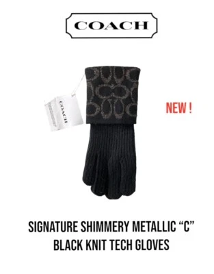 Coach Signature Shimmery Metallic "C" Black Knit Tech Gloves w/Tags One Size New - Image 1 of 2