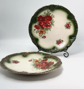 Antique Plates Two Porcelain Poppy Green Scalloped and Gold Sprayed Edge Floral - Picture 1 of 11