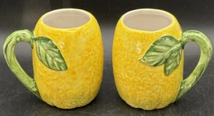 Pair Lemon Shaped and Textured Ceramic Mugs Figural Citrus Realistic Leaves EUC - Picture 1 of 8