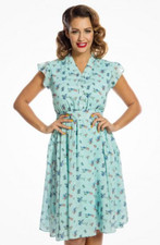 LINDY Bop 'kody' Adorable Vintage Bluebirds Print Garden Party Dress Sz 18