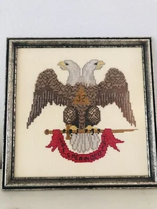 Vintage Freemason Cross-Stitch with Double Eagle Head 10.75 x 10.75 Wooden Frame - Picture 1 of 9