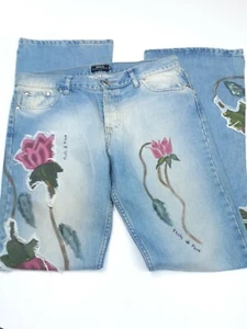 Casta & Puro womans Jeans Y2K Patch Paint Flared Bell Bottoms Floral Light P.O. - Picture 1 of 12