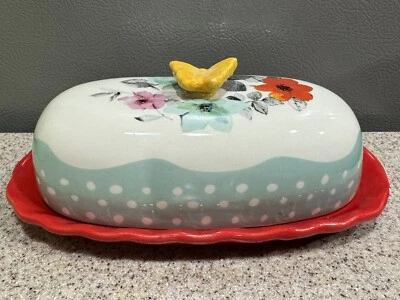 The Pioneer Woman Mercado de Pulgas Plato de Mantequilla Floral Tapa Mariposa Cocina ¡Nuevo-ver! Foto 1 de 4