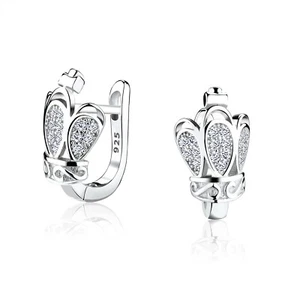 925 Sterling Silver Crown Clear CZ Cubic Zirconia Omega Lock Huggie Earrings - Picture 1 of 2