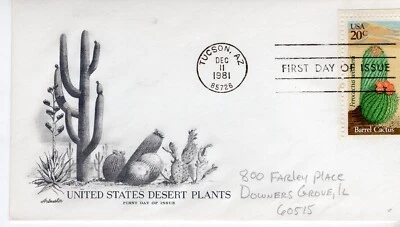 USPS FDC ArtMaster #1942 1981 20¢ Barrel Cactus Desert Plants Addressed ST3124 - Image 1 of 2