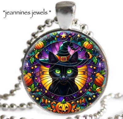 Black Cat Halloween Necklace FAUX Stained Glass ART PRINT Silver Charm Pendant - Image 1 of 4