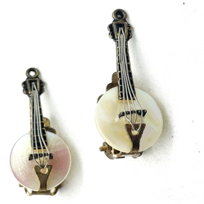 JAPÓN Madreperla Banjo Pendientes Clip en Tono Dorado Música Shamisen Clásico Foto 1 de 4
