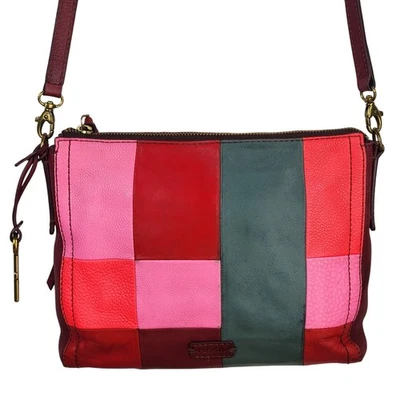 FOSSIL Emma 皮革拼布斜挎包 GUC 红色/粉色/橙色/灰色 — 第 1/4 张图片