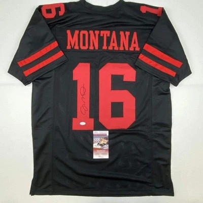 Camiseta de fútbol americano negra autografiada/firmada de Joe Montana San Francisco certificado de autenticidad JSA Foto 1 de 4