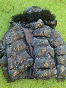 Maniere De  Voir Puffer Jacket Black Fur Black Hood Size L Heavily Distressed  - Picture 1 of 6