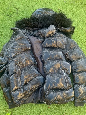 Maniere De  Voir Puffer Jacket Black Fur Black Hood Size L Heavily Distressed  - Image 1 of 4