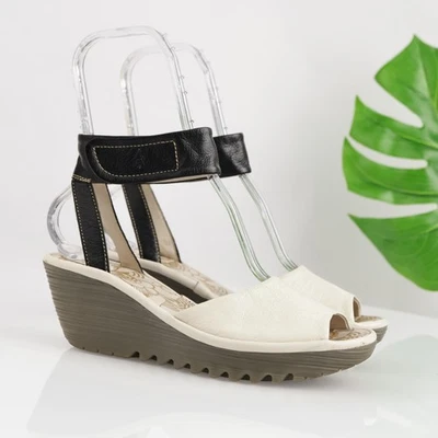 Fly London Zapatos Mujer Talla 39 Negro Crema Sandalias de Cuña Correa al Tobillo P500204026 Foto 1 de 4