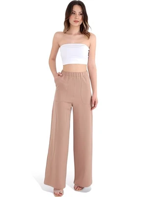 FASHIONSHOWCASE Damen Schlupfhose High Waist Hose Weites Bein mit Taschen Bequem Sommer Look