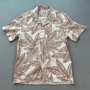 ZARA Men Button Up Shirt Leaf Print White Brown Short Sleeve Regular Fit NWOT - Picture 1 of 6