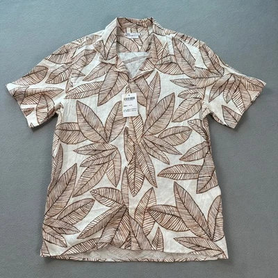 ZARA Men Button Up Shirt Leaf Print White Brown Short Sleeve Regular Fit NWOT - Image 1 of 4