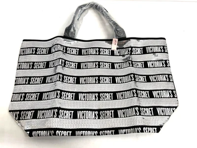 VICTORIA'S SECRET Black Canvas Silver Sequin Tote Bag 21x14" (New w/ Tag) - Image 1 of 4