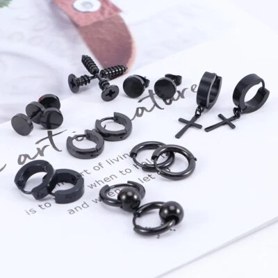 8 Pairs Stainless Steel Punk Black Earrings Stud Piercing Men Hoop Gothic Unisex - Image 1 of 4