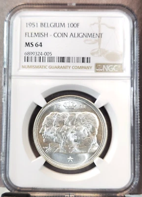 1951 BÉLGICA PLATA 100 FRANCOS REYES CORONADOS FLAMENCOS NGC MS 64 BONITO HERMOSO BU Foto 1 de 3