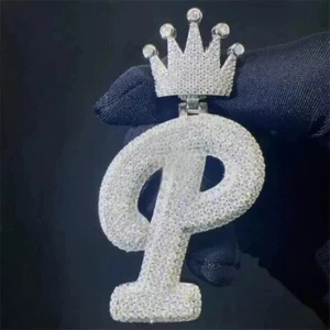 Men's P Letter Charm Pendant 925 Sterling Silver 3Ct Round Cut Real Moissanite - Picture 1 of 4