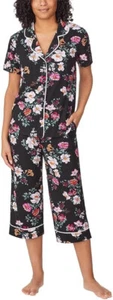 Room Service Women's 2 Piece Pajama Set Notch Collar Top Crop Pants BLACK SZ L - Picture 1 of 5