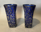 Antique Pair Cobalt Blue Silver Floral Overlay Art Glass Vases